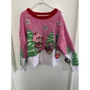NWT Cute Strawberry Shortcake Sweater XL Pink Sequin Holiday Pullover Soft Girl